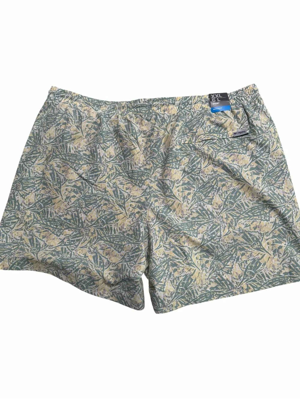 Columbia Men’s Leaf-Print Swim Trunks in Sage and Cream